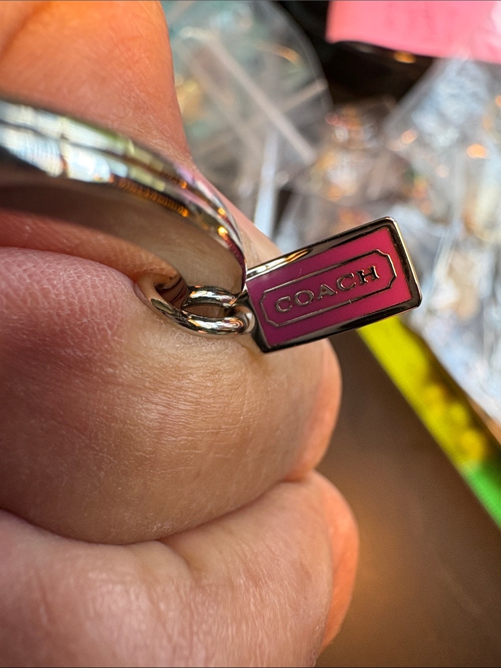 Coach Pink Locket Heart Enamel Keyring with Silver Hardware - Picture 5 of 6